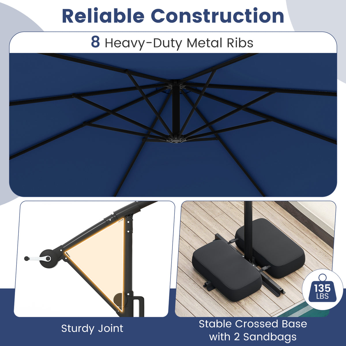 10 Feet Solar Offset Hanging Umbrella With Base, LED Lights, Navy Outdoor Umbrellas at Gallery Canada