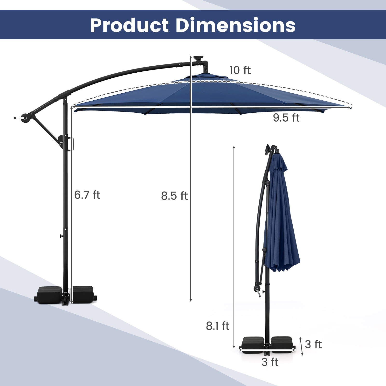 10 Feet Solar Offset Hanging Umbrella With Base, LED Lights, Navy Outdoor Umbrellas at Gallery Canada