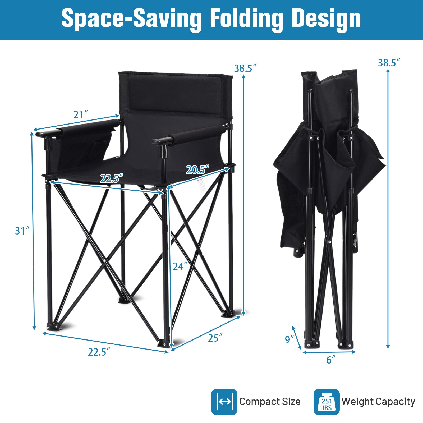 Portable 38 Inch Oversized Folding Chair, Black Camping Furniture at Gallery Canada