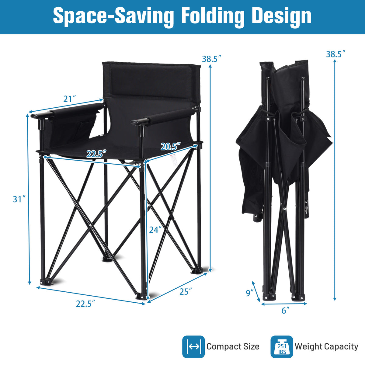 Portable 38 Inch Oversized Folding Chair, Black Camping Furniture at Gallery Canada