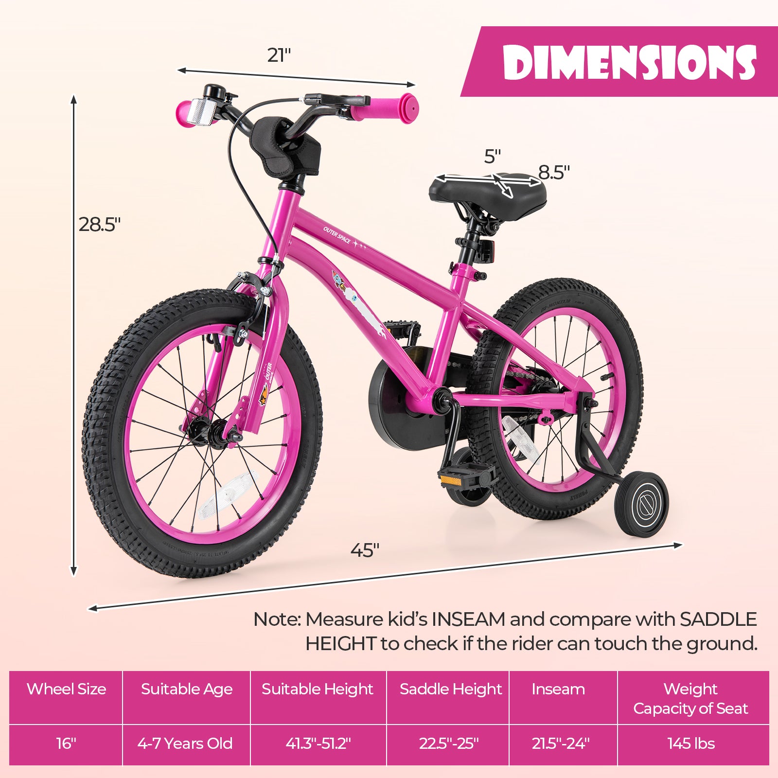 16-Inch Kids Bike, Adjustable Training Wheels, Pink Kids Bike at Gallery Canada