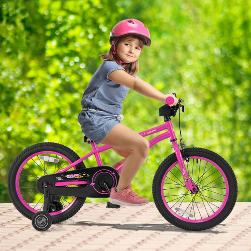 18 Inch Kids Bike, Adjustable For 4-8 Years With Training Wheels, Pink