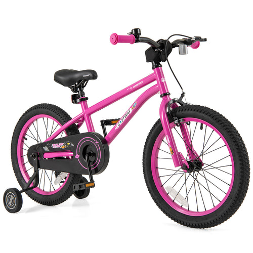18 Inch Kids Bike, Adjustable For 4-8 Years With Training Wheels, Pink