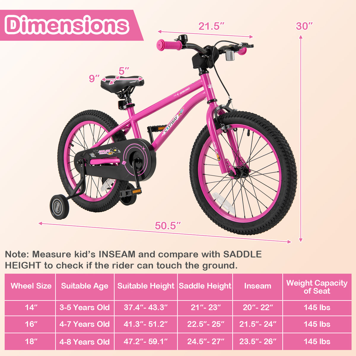 18 Inch Kids Bike, Adjustable For 4-8 Years With Training Wheels, Pink Kids Bike at Gallery Canada