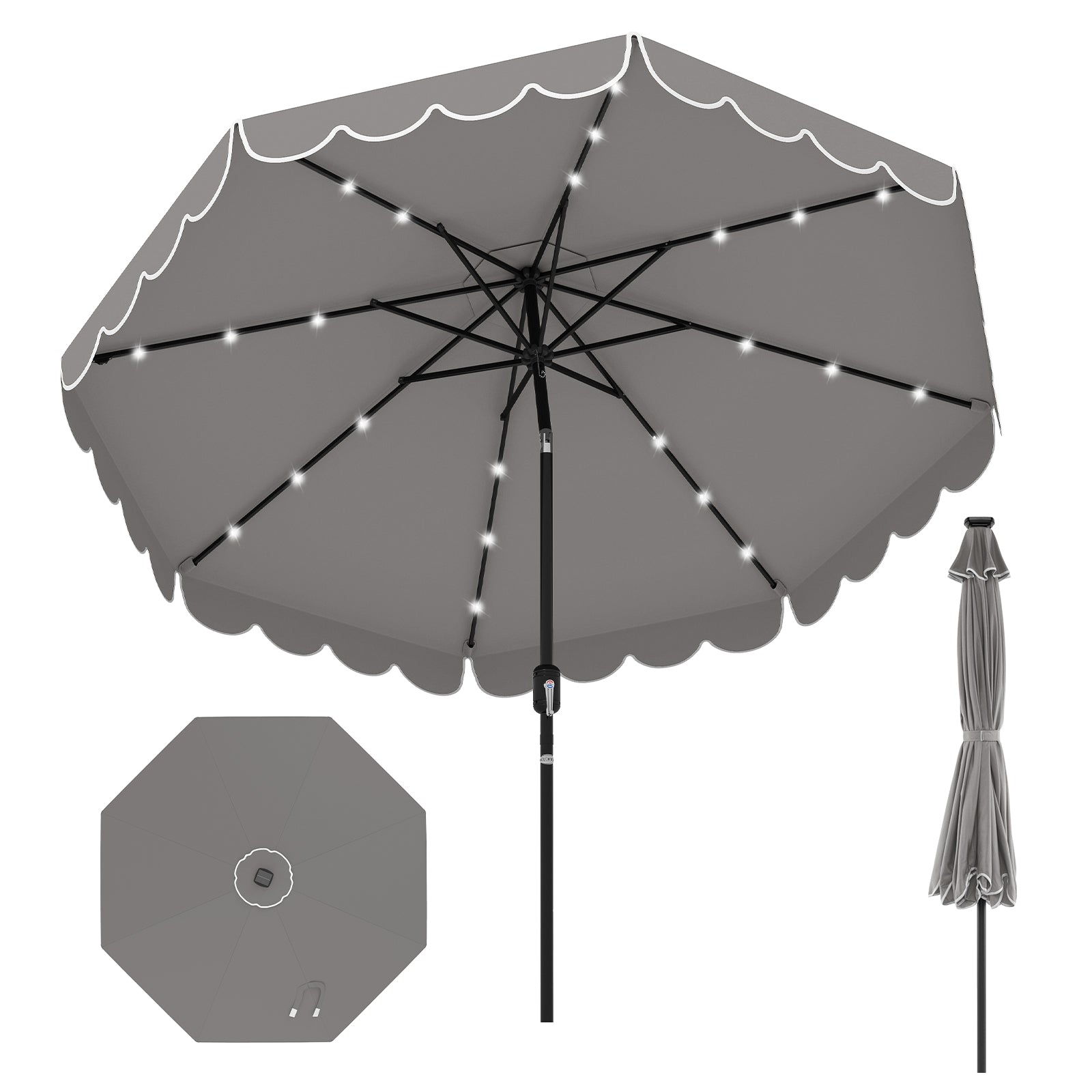 9.3 FT Solar Patio Umbrella, 24 LED Lights, Vented Top, Gray Outdoor Umbrellas at Gallery Canada