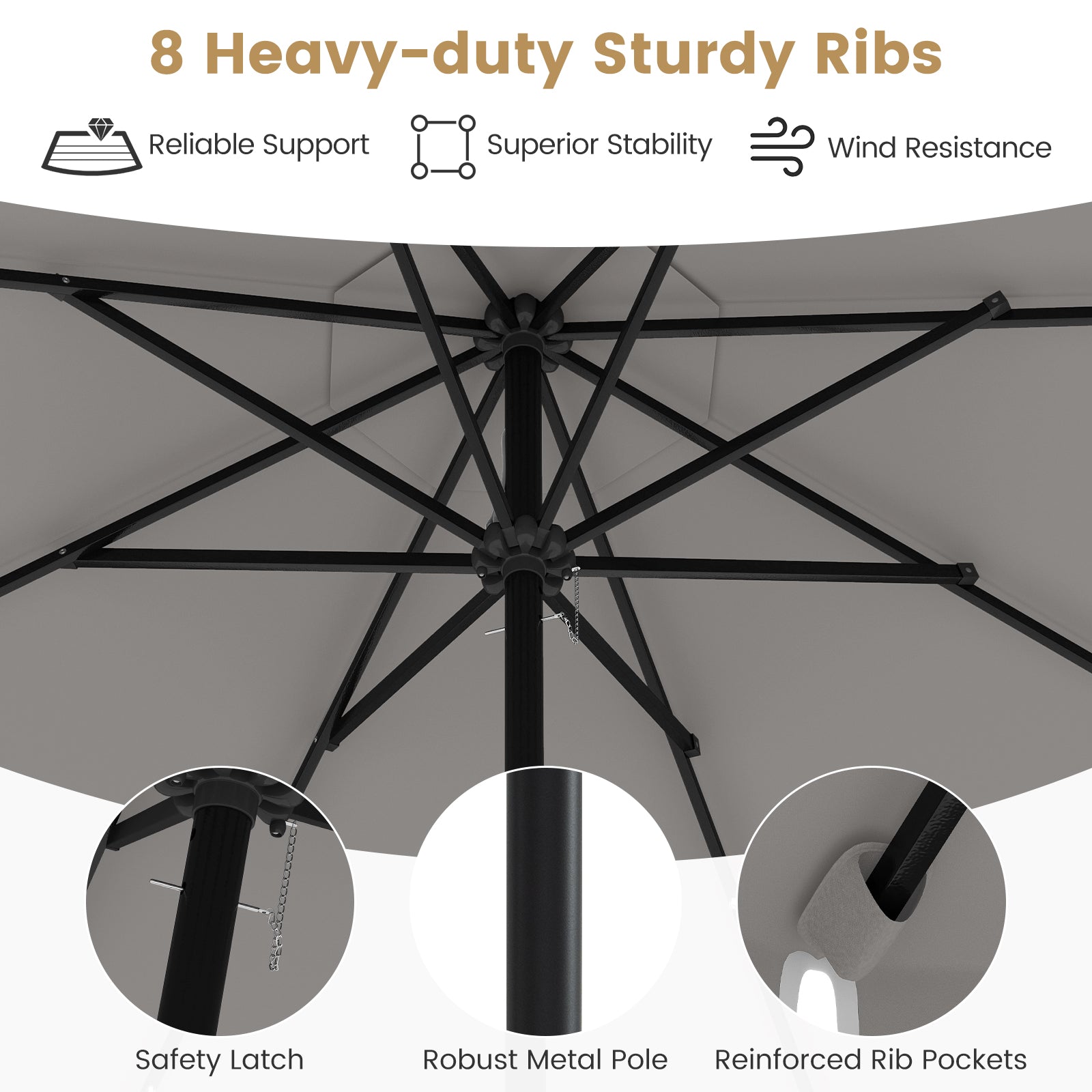 9.3 FT Solar Patio Umbrella, 24 LED Lights, Vented Top, Gray Outdoor Umbrellas at Gallery Canada