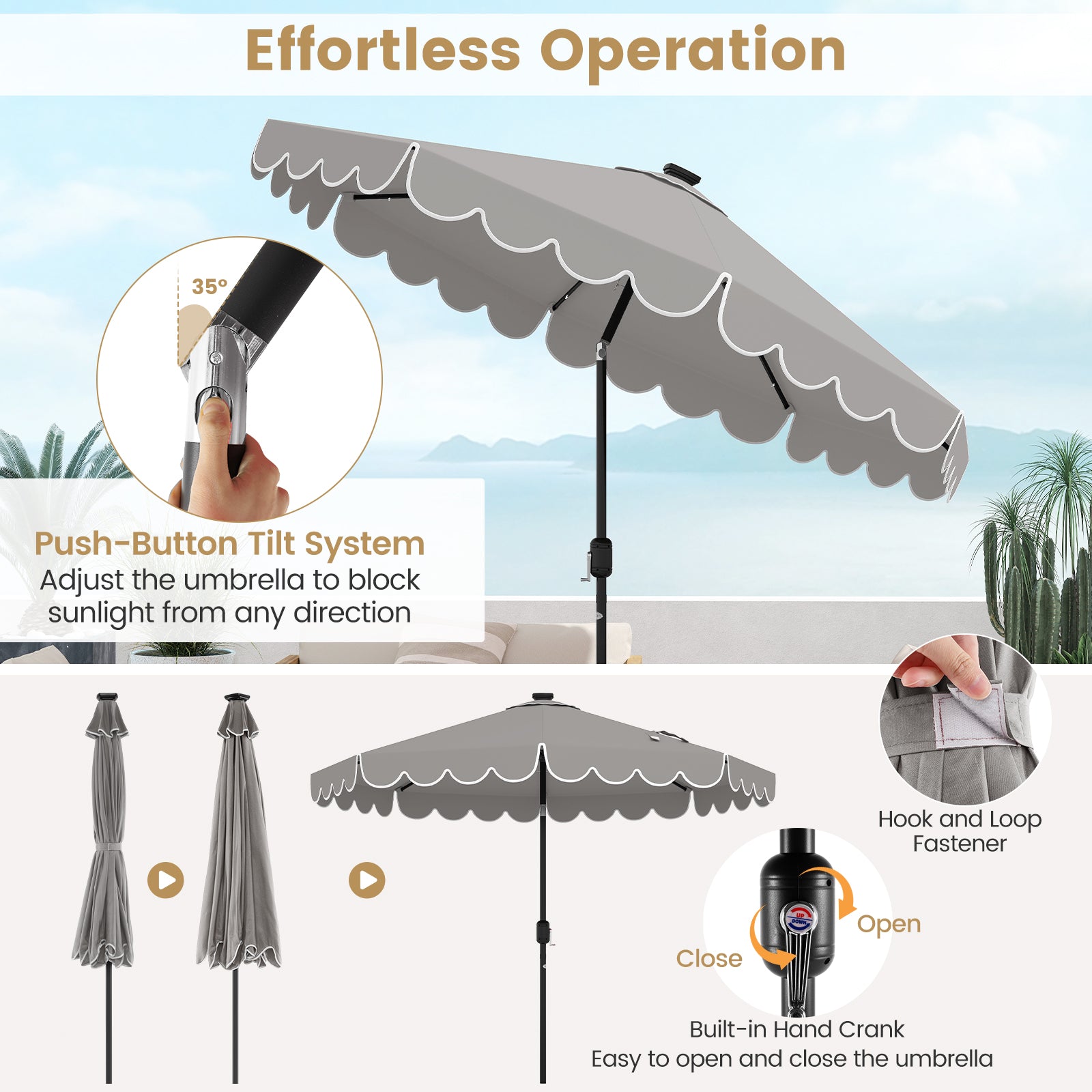 9.3 FT Solar Patio Umbrella, 24 LED Lights, Vented Top, Gray Outdoor Umbrellas at Gallery Canada