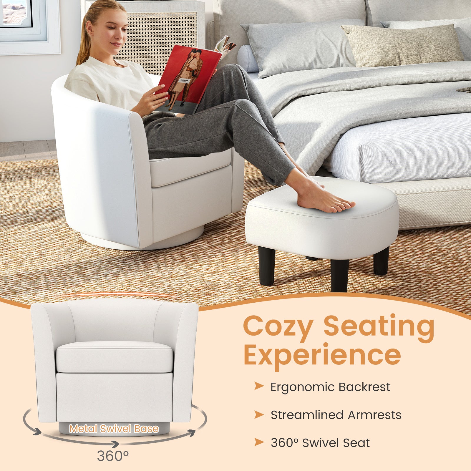 Club Swivel Accent Chair With Ottoman, Cream White Accent Chairs at Gallery Canada