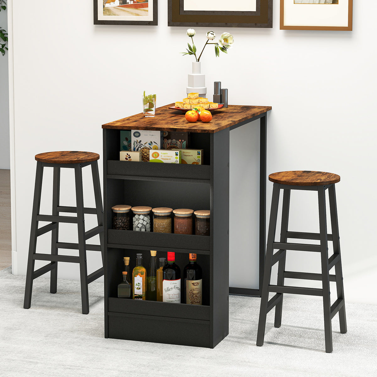 3-Piece Bar Table Set With Storage, Brown Dining Room Sets at Gallery Canada