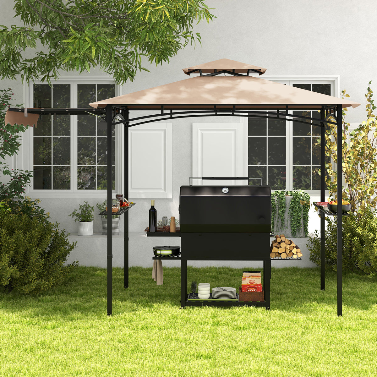 11 x 5 FT Grill Gazebo With Side Awning, Double-Tiered Top, Beige Gazebos at Gallery Canada