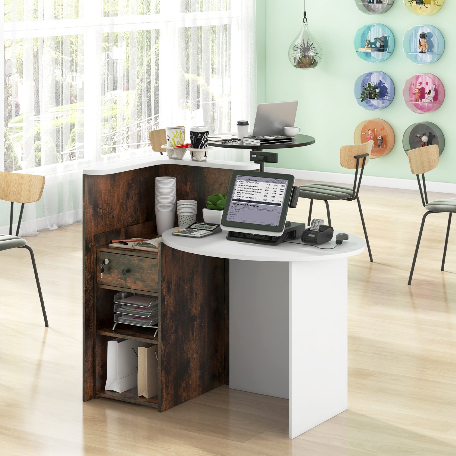 Front Reception Office Desk, Open Shelf, Lockable Drawer, Rustic Brown Corner Desks at Gallery Canada