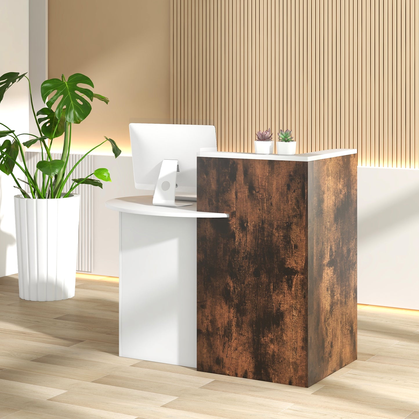 Front Reception Office Desk, Open Shelf, Lockable Drawer, Rustic Brown Corner Desks at Gallery Canada