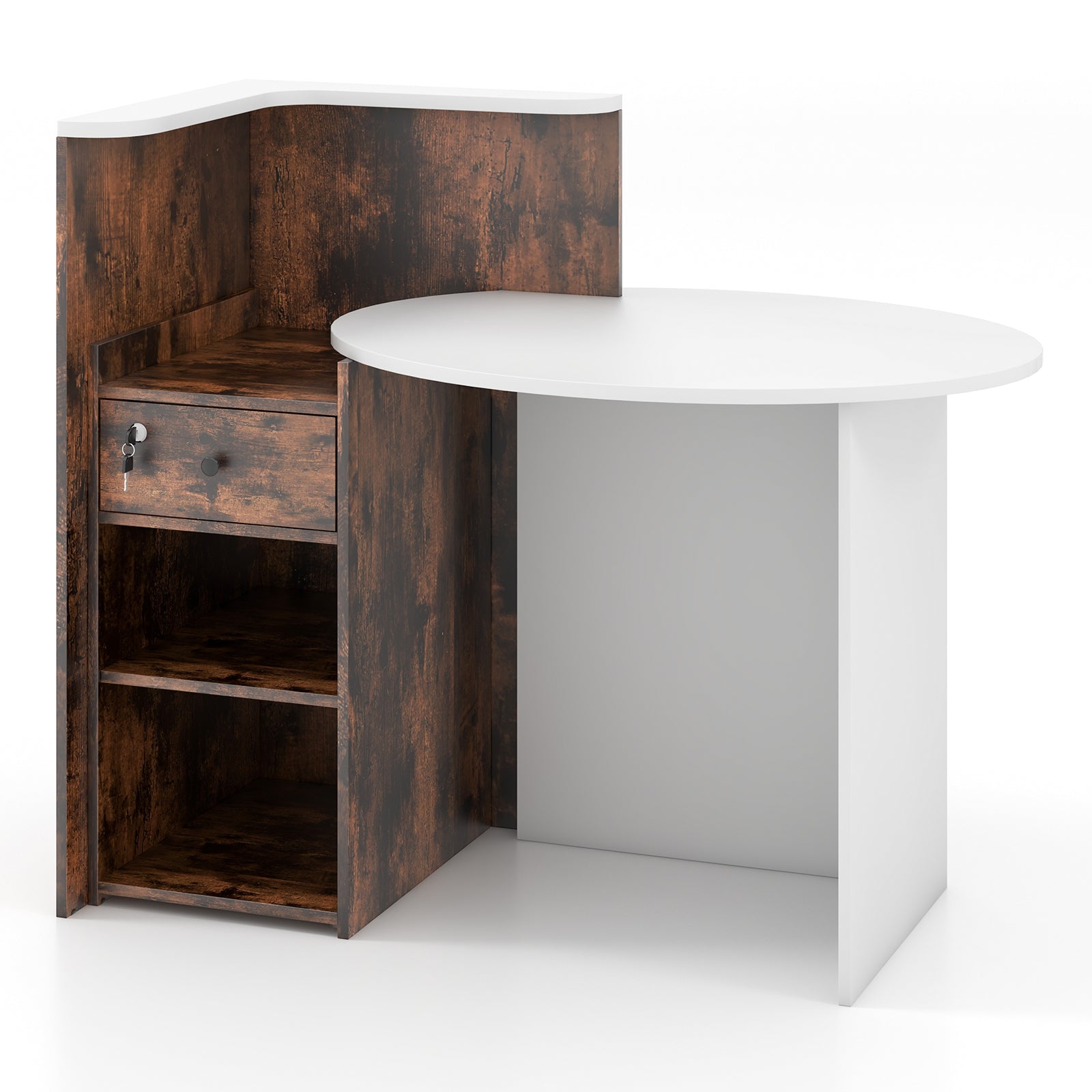 Front Reception Office Desk, Open Shelf, Lockable Drawer, Rustic Brown Corner Desks at Gallery Canada