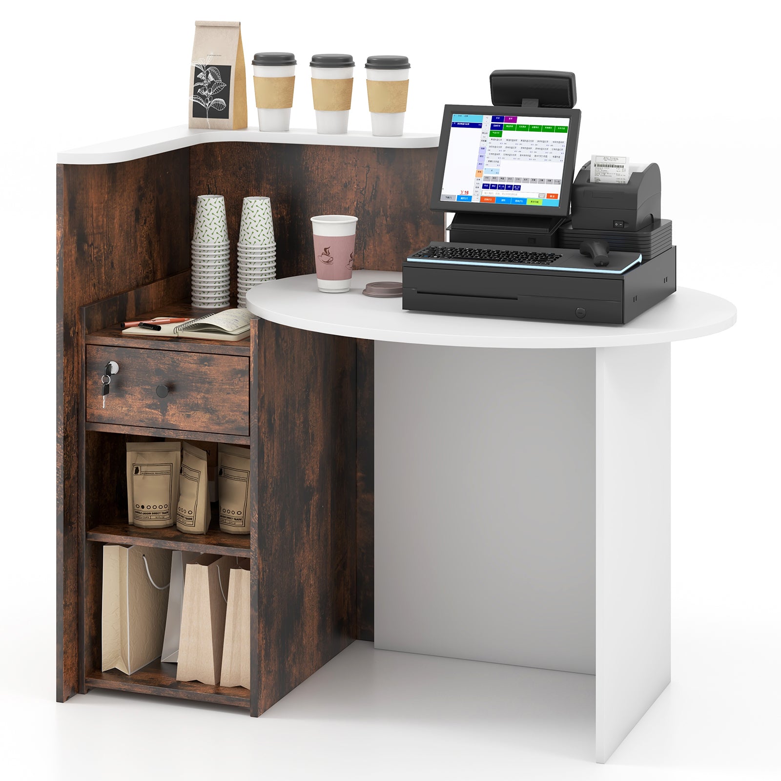 Front Reception Office Desk, Open Shelf, Lockable Drawer, Rustic Brown Corner Desks at Gallery Canada