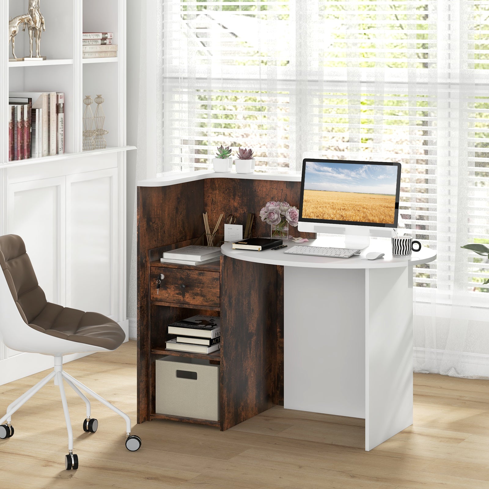 Front Reception Office Desk, Open Shelf, Lockable Drawer, Rustic Brown Corner Desks at Gallery Canada