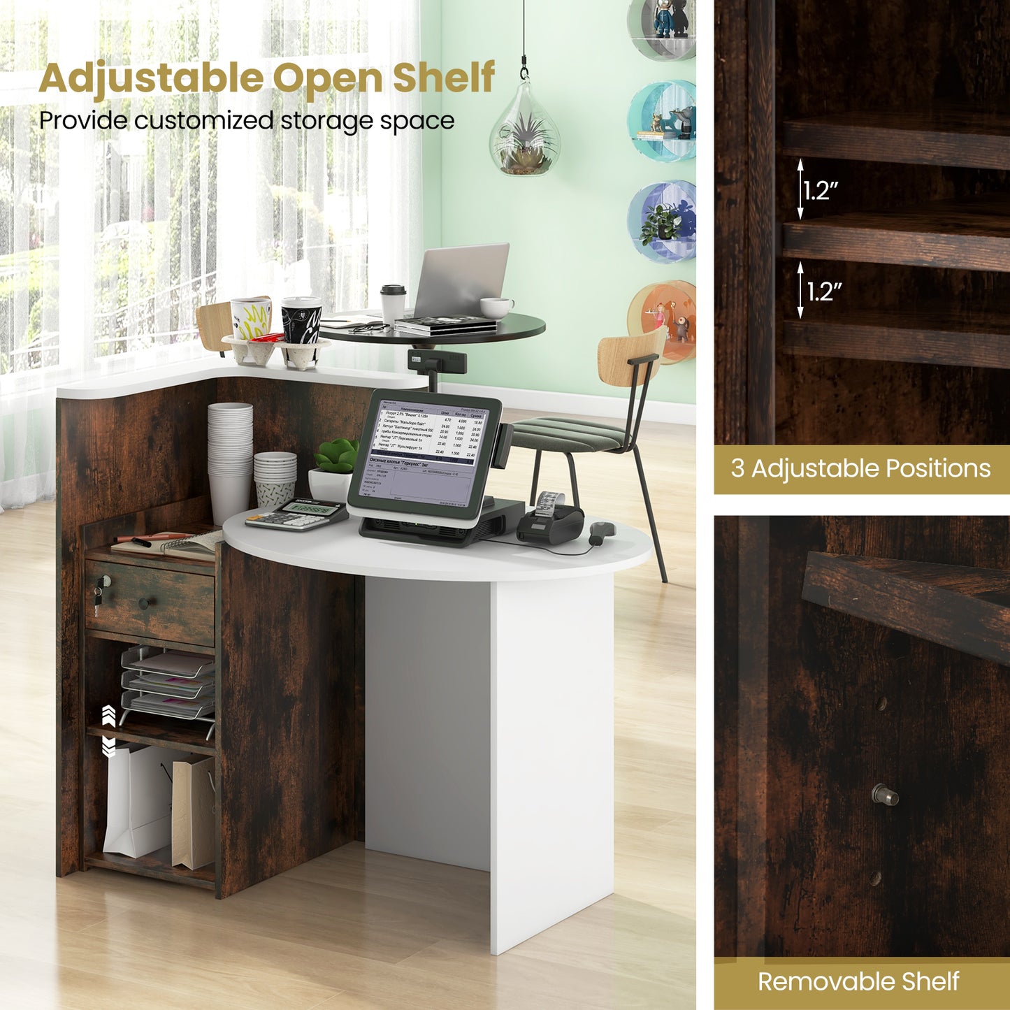 Front Reception Office Desk, Open Shelf, Lockable Drawer, Rustic Brown Corner Desks at Gallery Canada