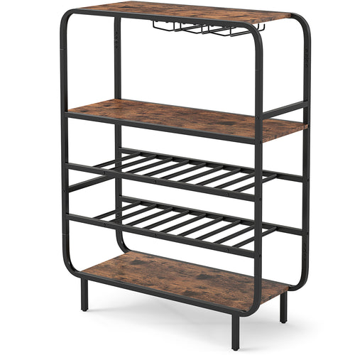 16 Bottle Wine Rack, 5-Tier Shelf, Glass Holders, Rustic Brown
