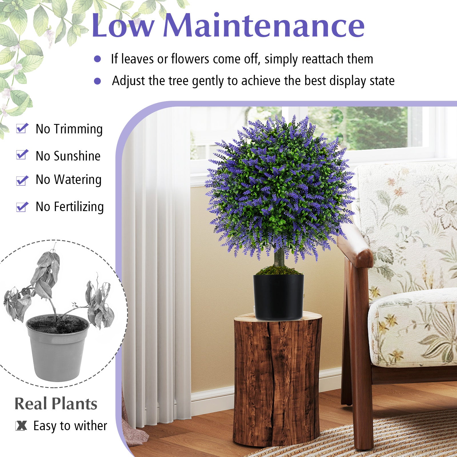 23 Inch Artificial Topiary Trees, Cement Pot, Purple Faux Plants at Gallery Canada