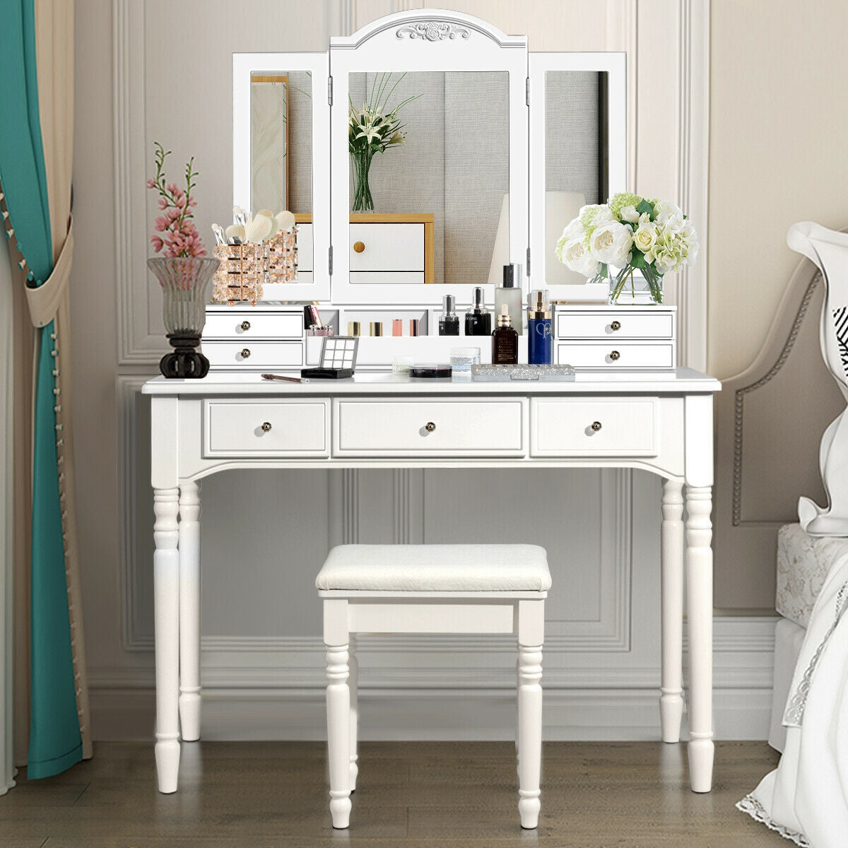 Makeup Dressing Table With Tri-Folding Mirror, Cushioned Stool, White Makeup Vanities at Gallery Canada