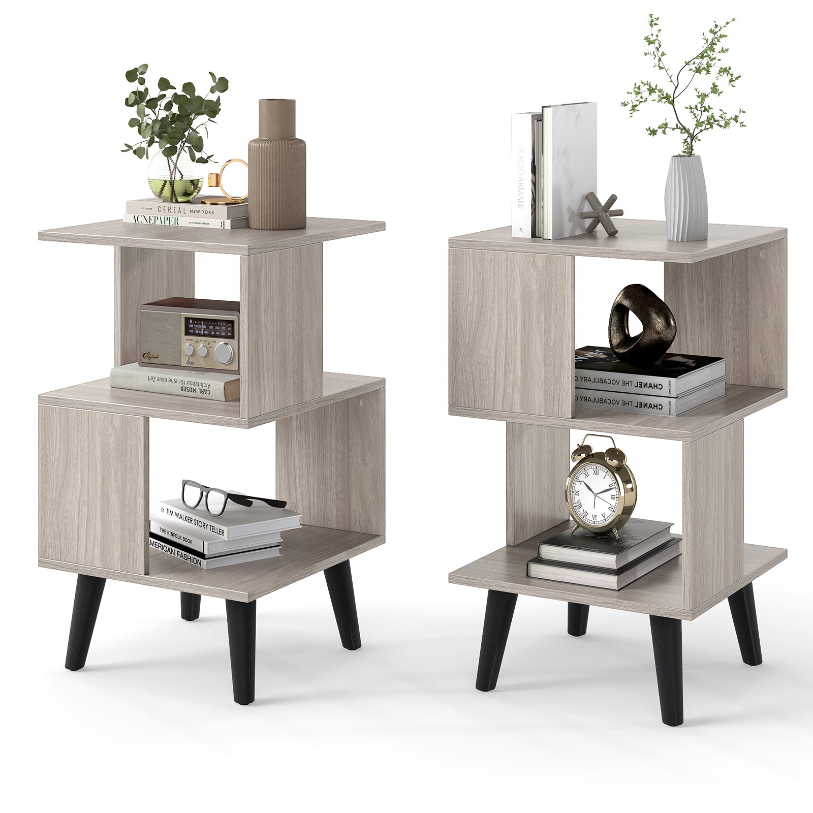 3-Tier Geometric Bookshelf Set Of 2, Open Storage Shelves, Gray Nightstands at Gallery Canada