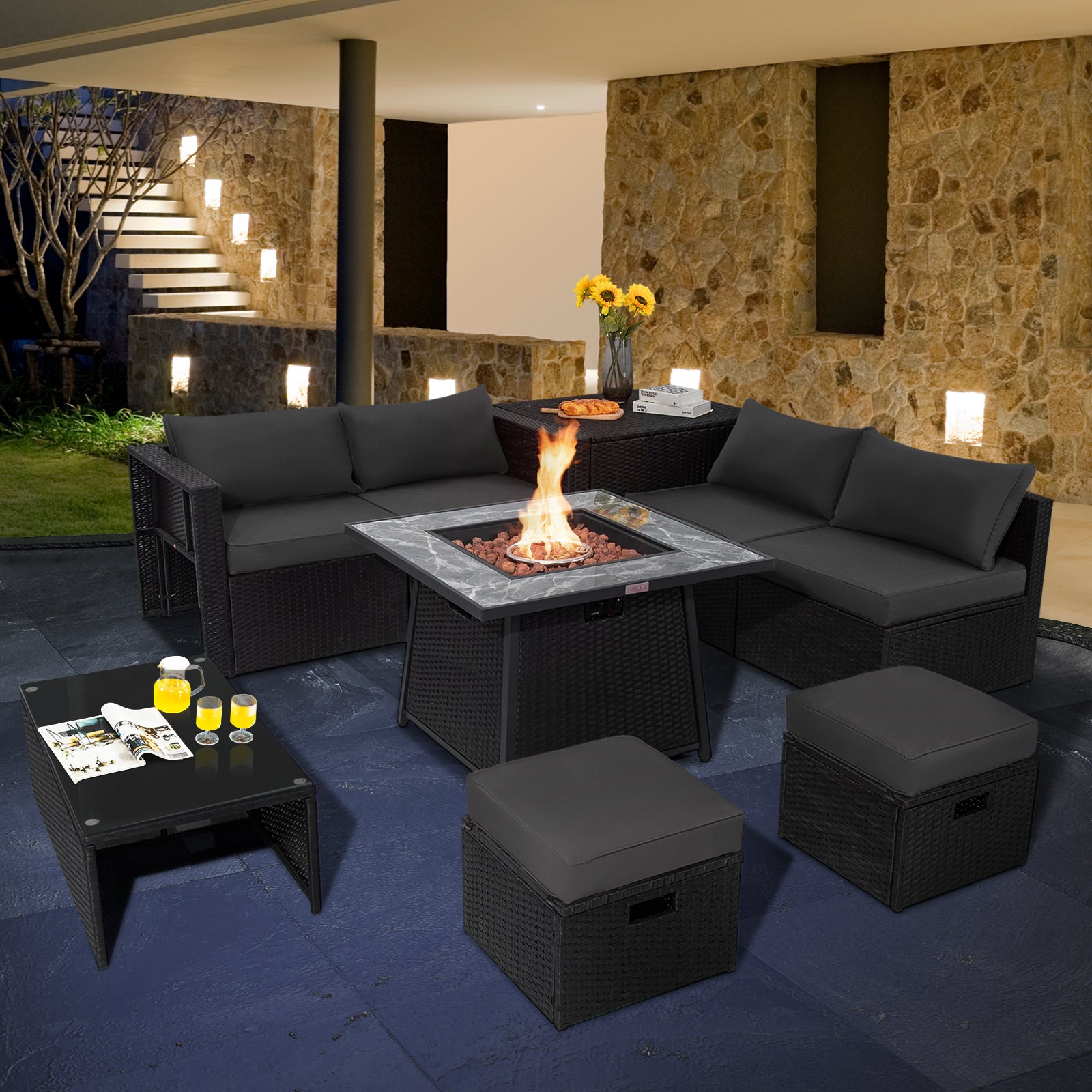 9 Piece Outdoor Wicker Sectional, 35 Inch Gas Fire Pit Table, Gray Outdoor Sectionals at Gallery Canada