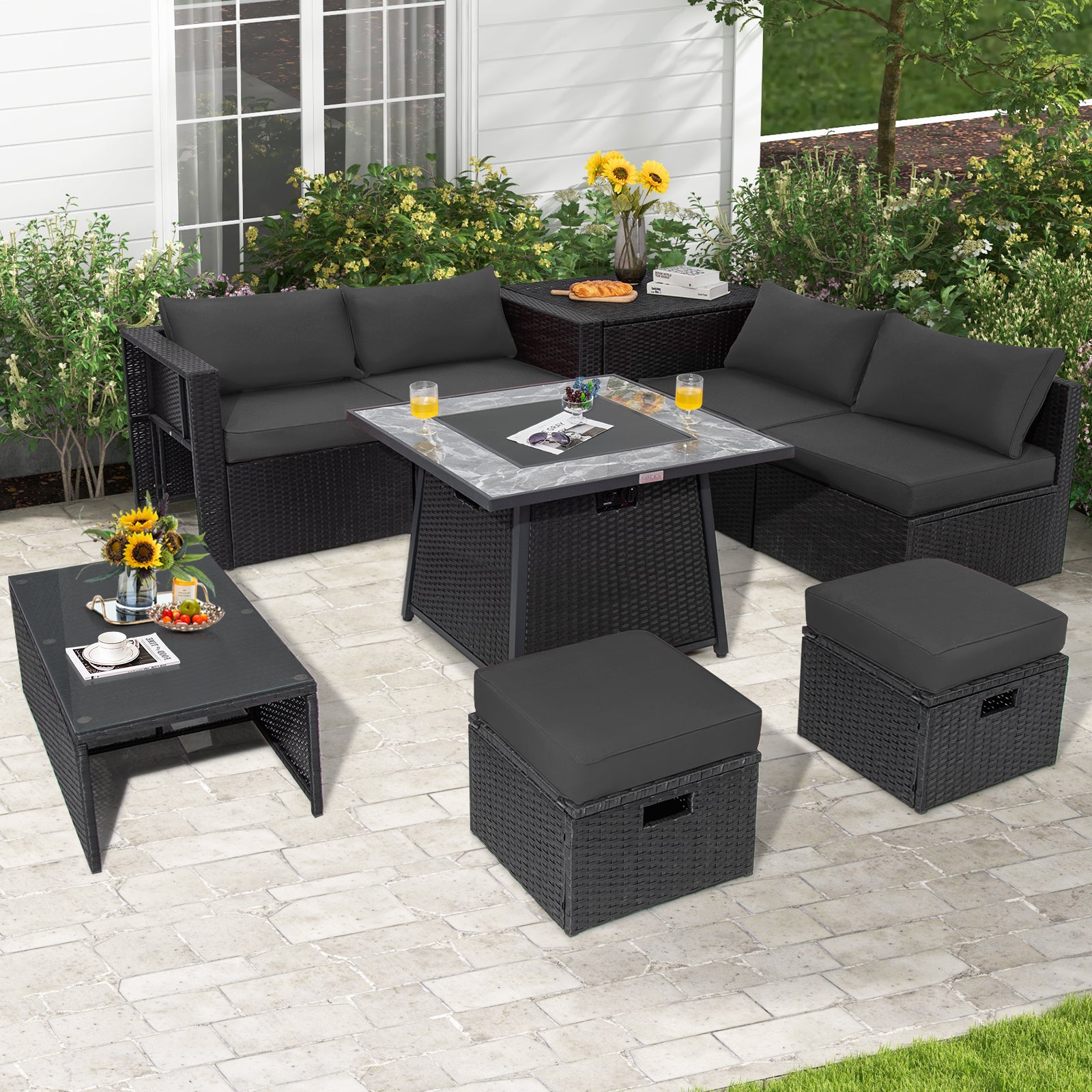 9 Piece Outdoor Wicker Sectional, 35 Inch Gas Fire Pit Table, Gray Outdoor Sectionals at Gallery Canada