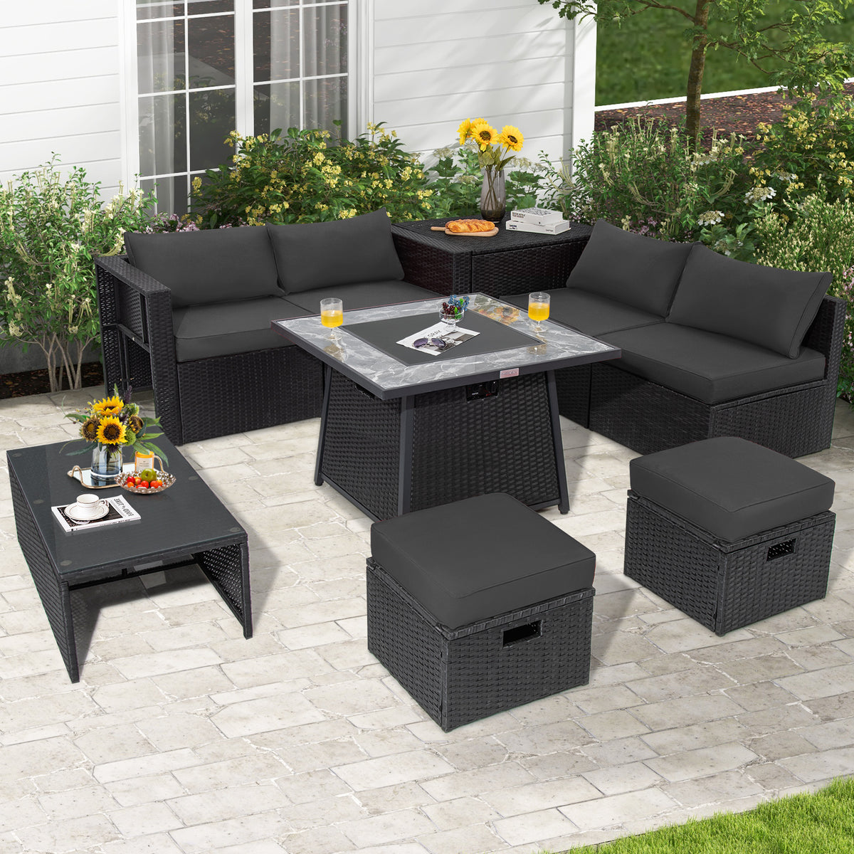 9 Piece Outdoor Wicker Sectional, 35 Inch Gas Fire Pit Table, Gray Outdoor Sectionals at Gallery Canada