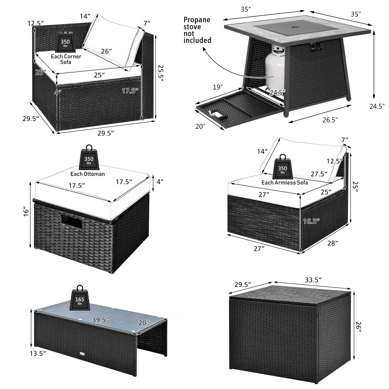 9 Piece Outdoor Wicker Sectional, 35 Inch Gas Fire Pit Table, Gray Outdoor Sectionals at Gallery Canada