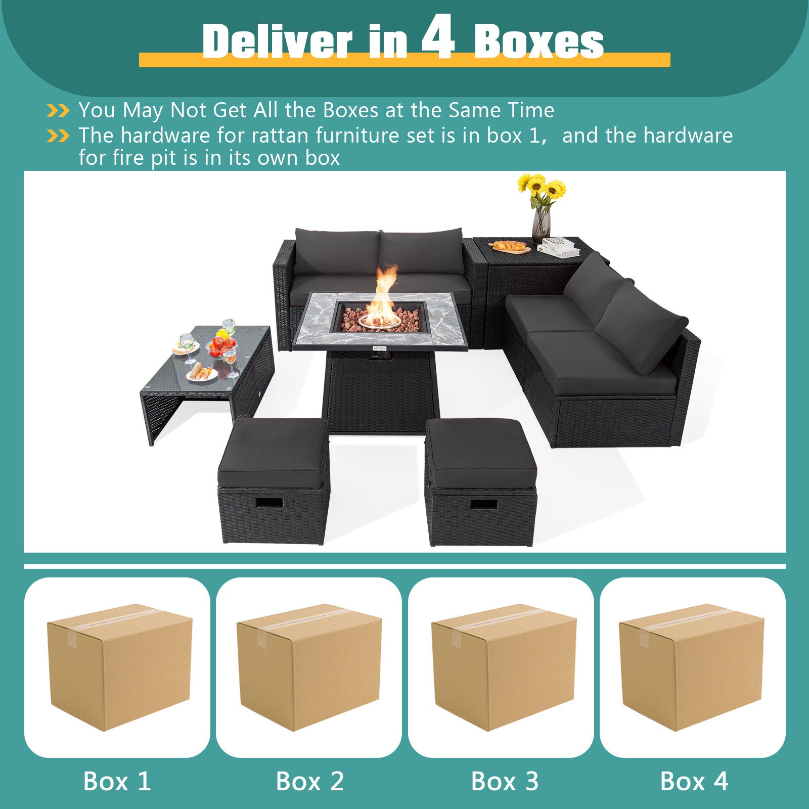 9 Piece Outdoor Wicker Sectional, 35 Inch Gas Fire Pit Table, Gray Outdoor Sectionals at Gallery Canada