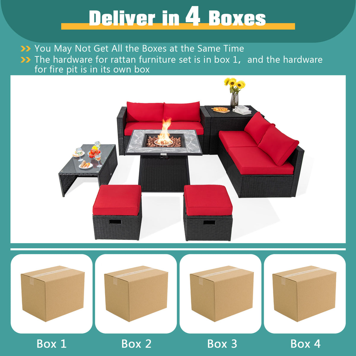 9 Piece Outdoor Wicker Sectional, 35 Inch Gas Fire Pit Table, Red Outdoor Sectionals at Gallery Canada
