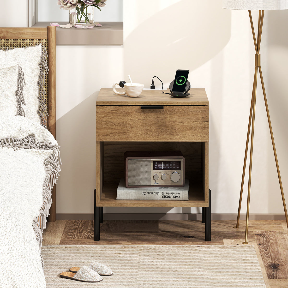 Modern Nightstand With Charging Station, Natural Nightstands at Gallery Canada