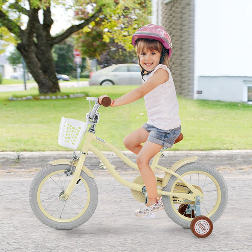 14 Inch Kids Bike With Training Wheels, Adjustable, Ages 3-8, Beige