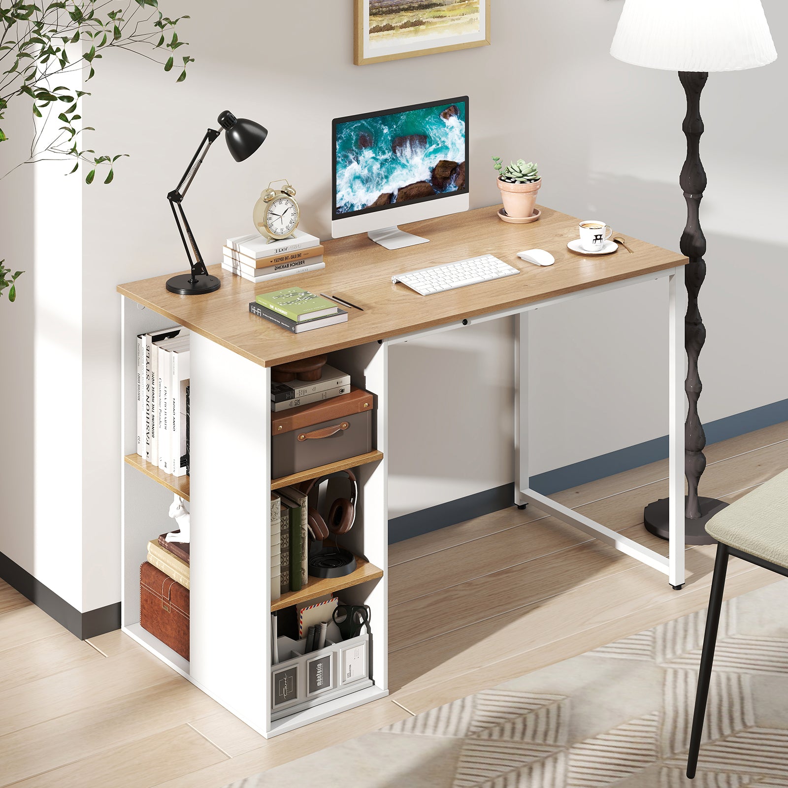 45 Inch Computer Desk with 5 Storage Compartments and Metal Frame, Natural Computer Desks at Gallery Canada
