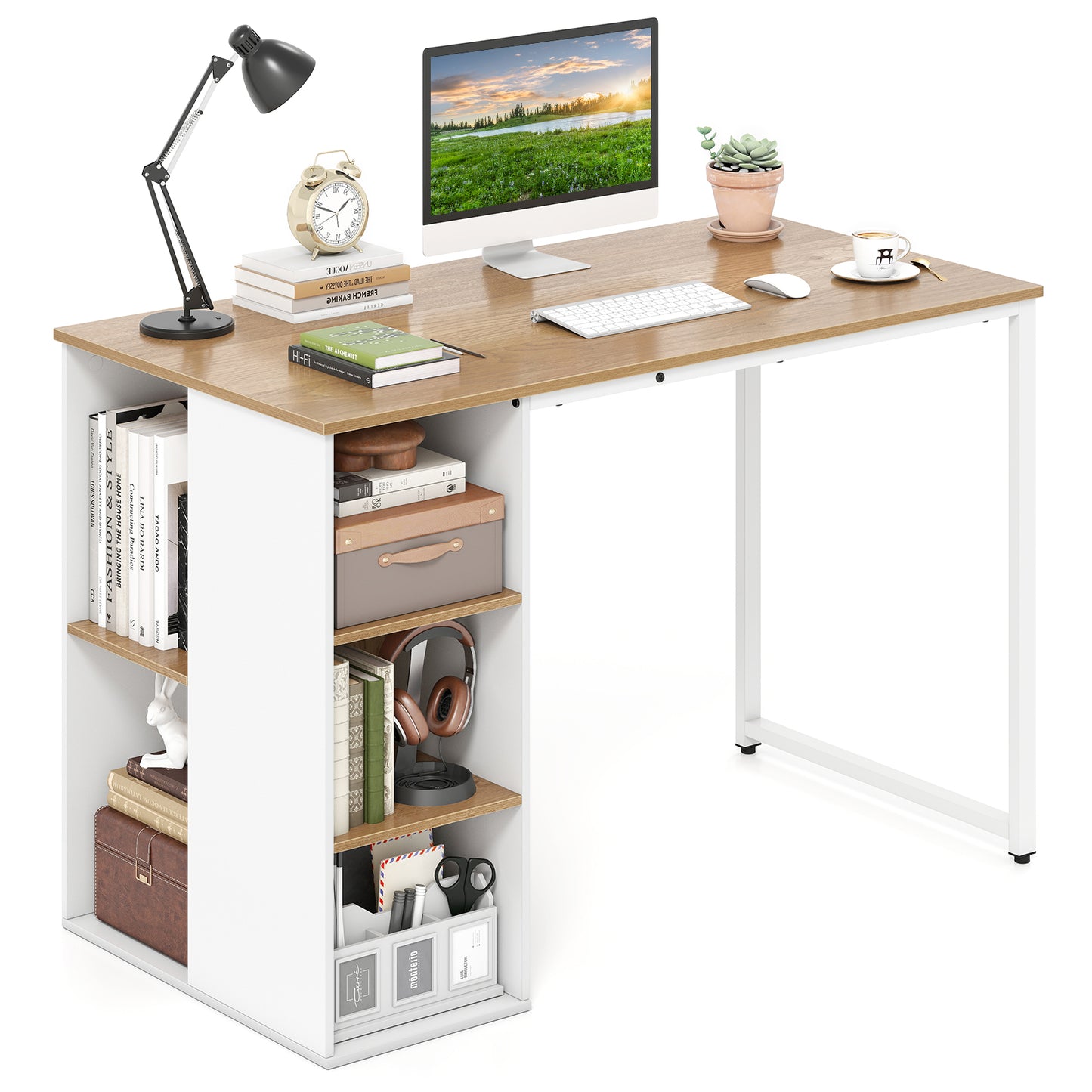 45 Inch Computer Desk with 5 Storage Compartments and Metal Frame, Natural Computer Desks at Gallery Canada