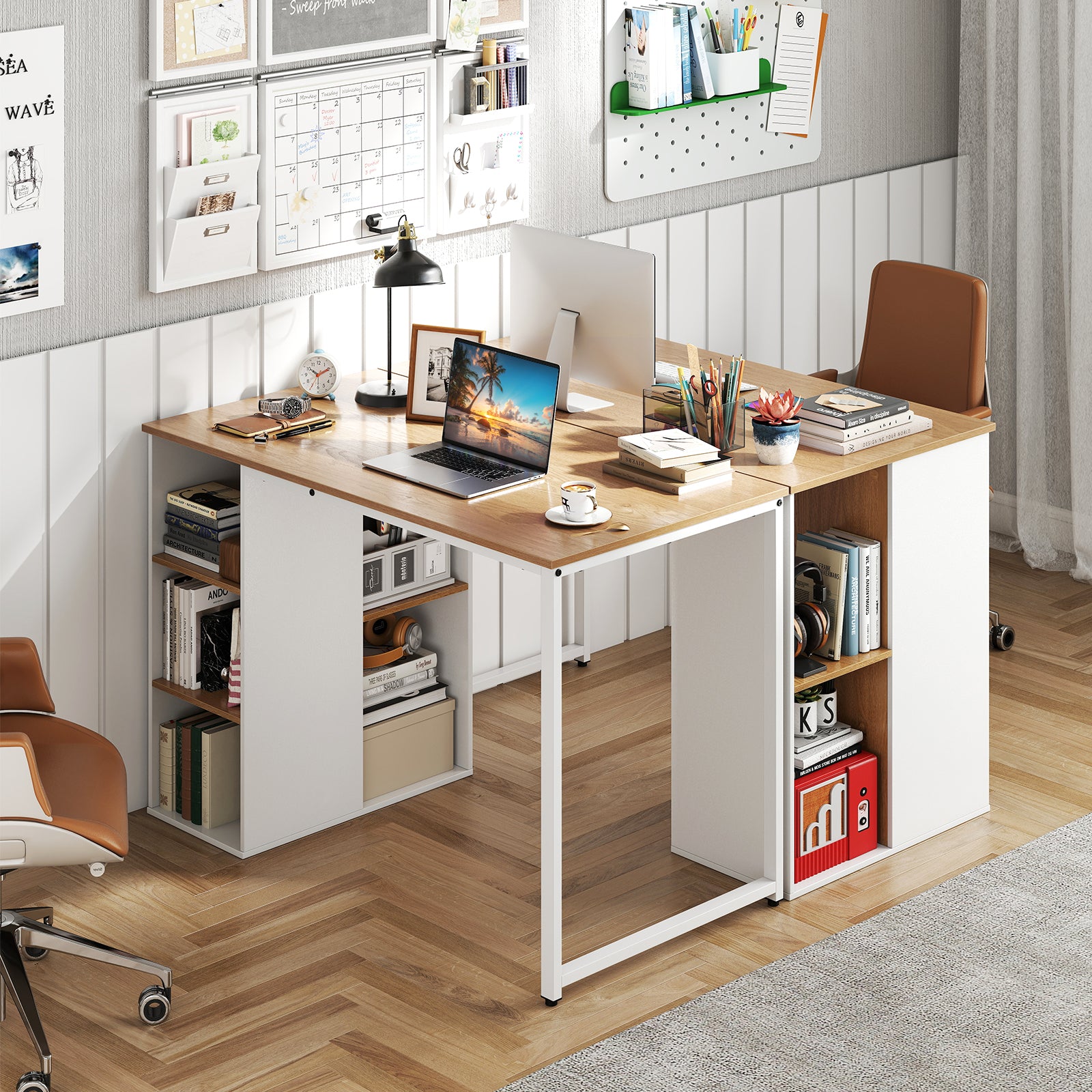 45 Inch Computer Desk with 5 Storage Compartments and Metal Frame, Natural Computer Desks at Gallery Canada