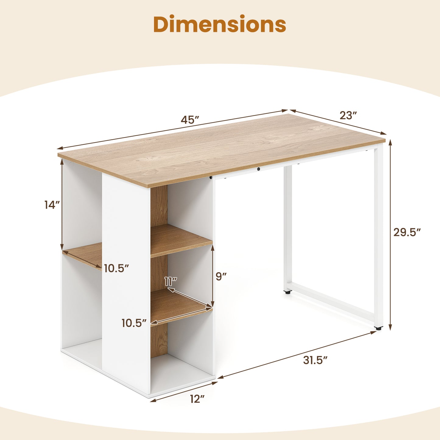 45 Inch Computer Desk with 5 Storage Compartments and Metal Frame, Natural Computer Desks at Gallery Canada