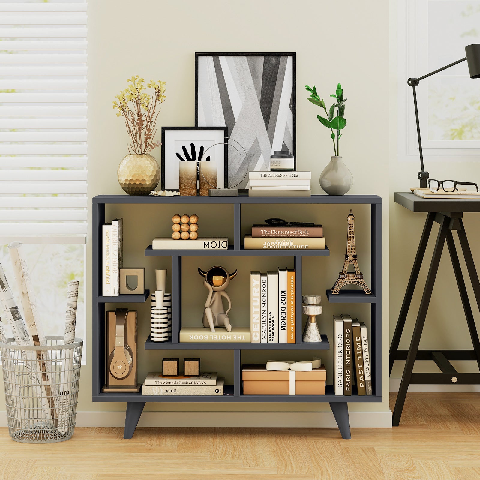 Geometric Bookcase With Anti-Tipping Kit, Storage Shelving Unit, Black Bookcases at Gallery Canada