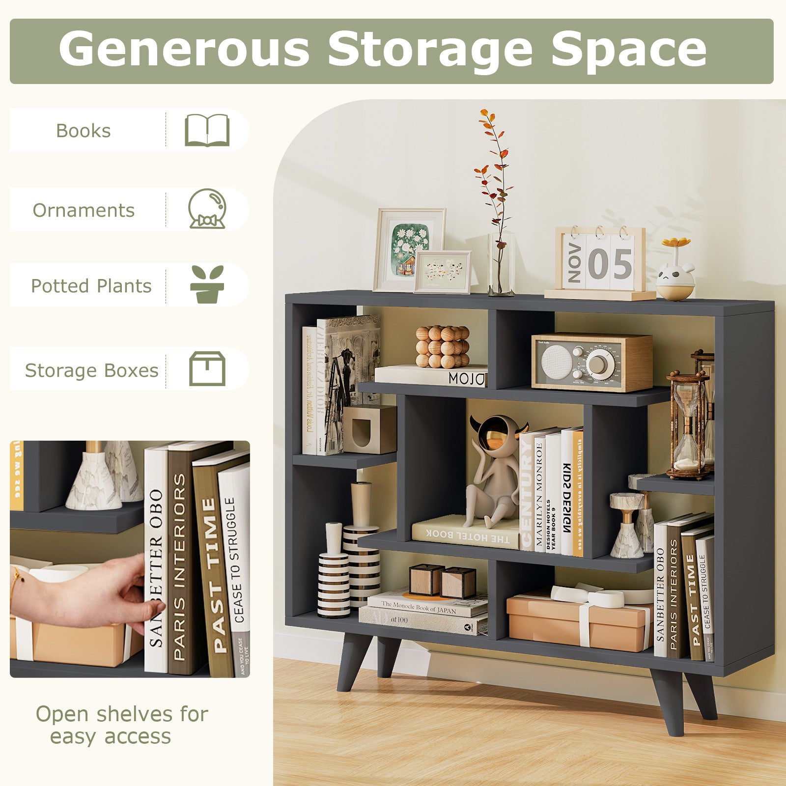 Geometric Bookcase With Anti-Tipping Kit, Storage Shelving Unit, Black Bookcases at Gallery Canada