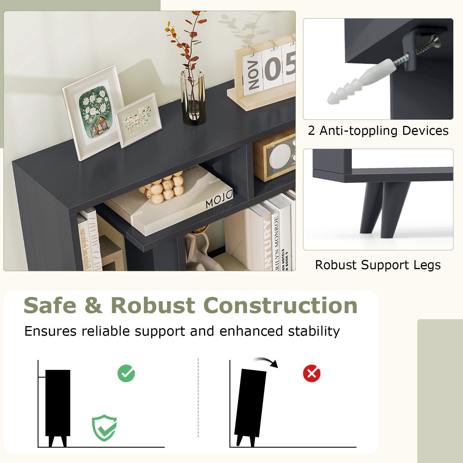 Geometric Bookcase With Anti-Tipping Kit, Storage Shelving Unit, Black Bookcases at Gallery Canada