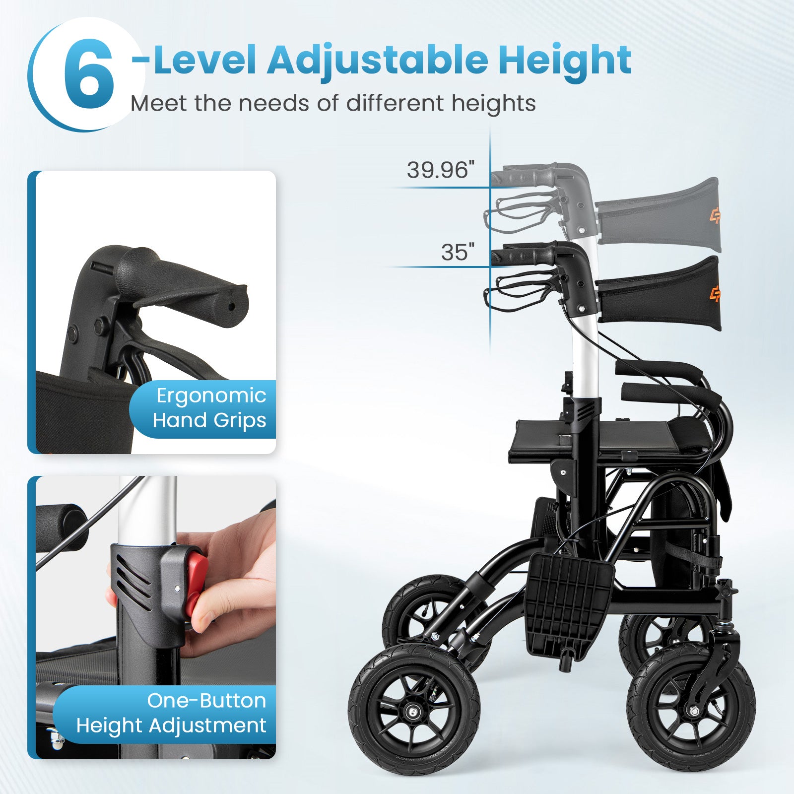 Foldable Rollator Walker With Seat, 9 Inch Pneumatic Tires, Black Walkers & Rollators at Gallery Canada