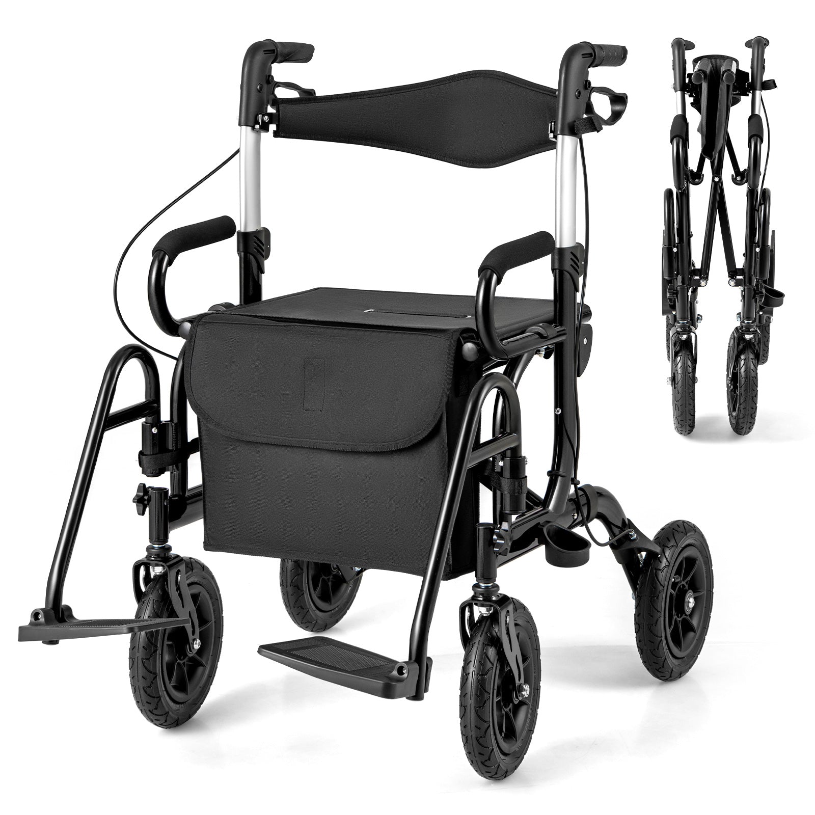 Foldable Rollator Walker With Seat, 9 Inch Pneumatic Tires, Black Walkers & Rollators at Gallery Canada
