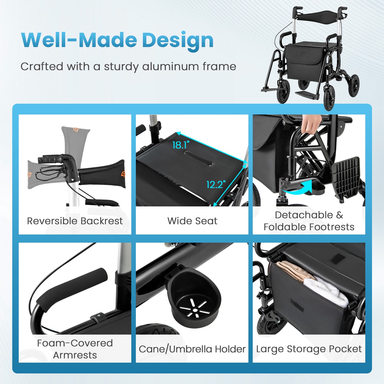 Foldable Rollator Walker With Seat, 9 Inch Pneumatic Tires, Black Walkers & Rollators at Gallery Canada