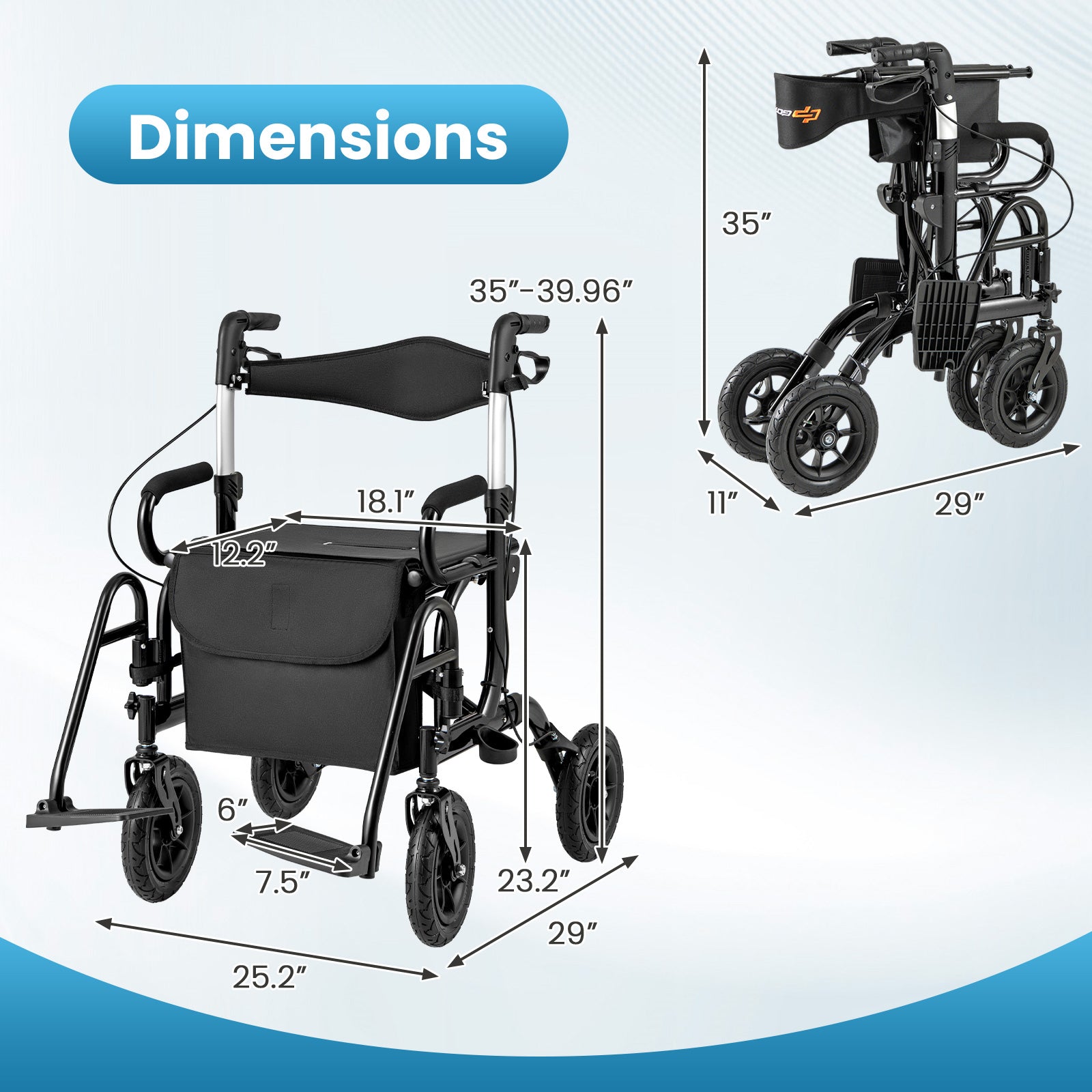 Foldable Rollator Walker With Seat, 9 Inch Pneumatic Tires, Black Walkers & Rollators at Gallery Canada