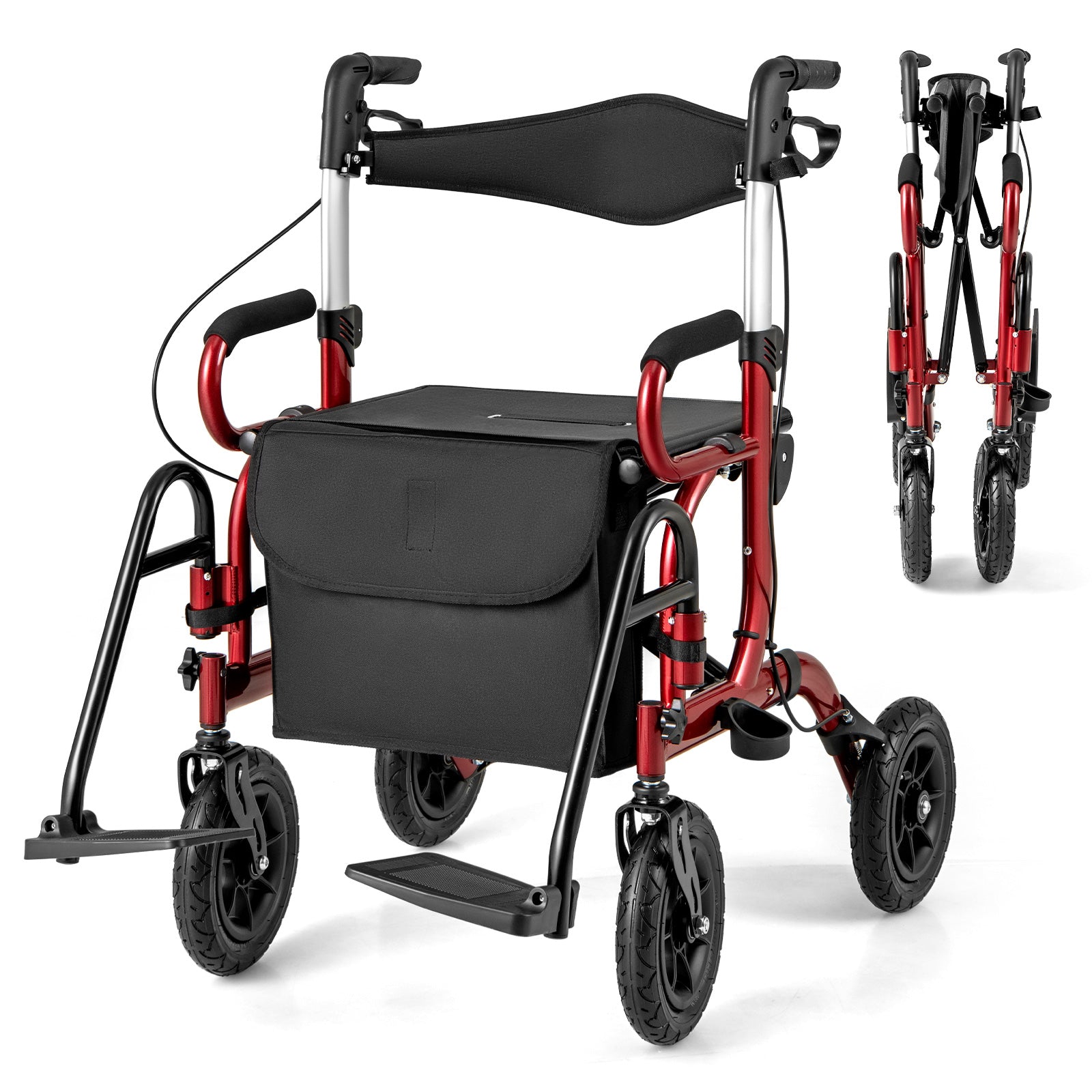 2-in-1 Foldable Rollator Walker, 9 Inch Pneumatic Tires, Red Walkers & Rollators at Gallery Canada