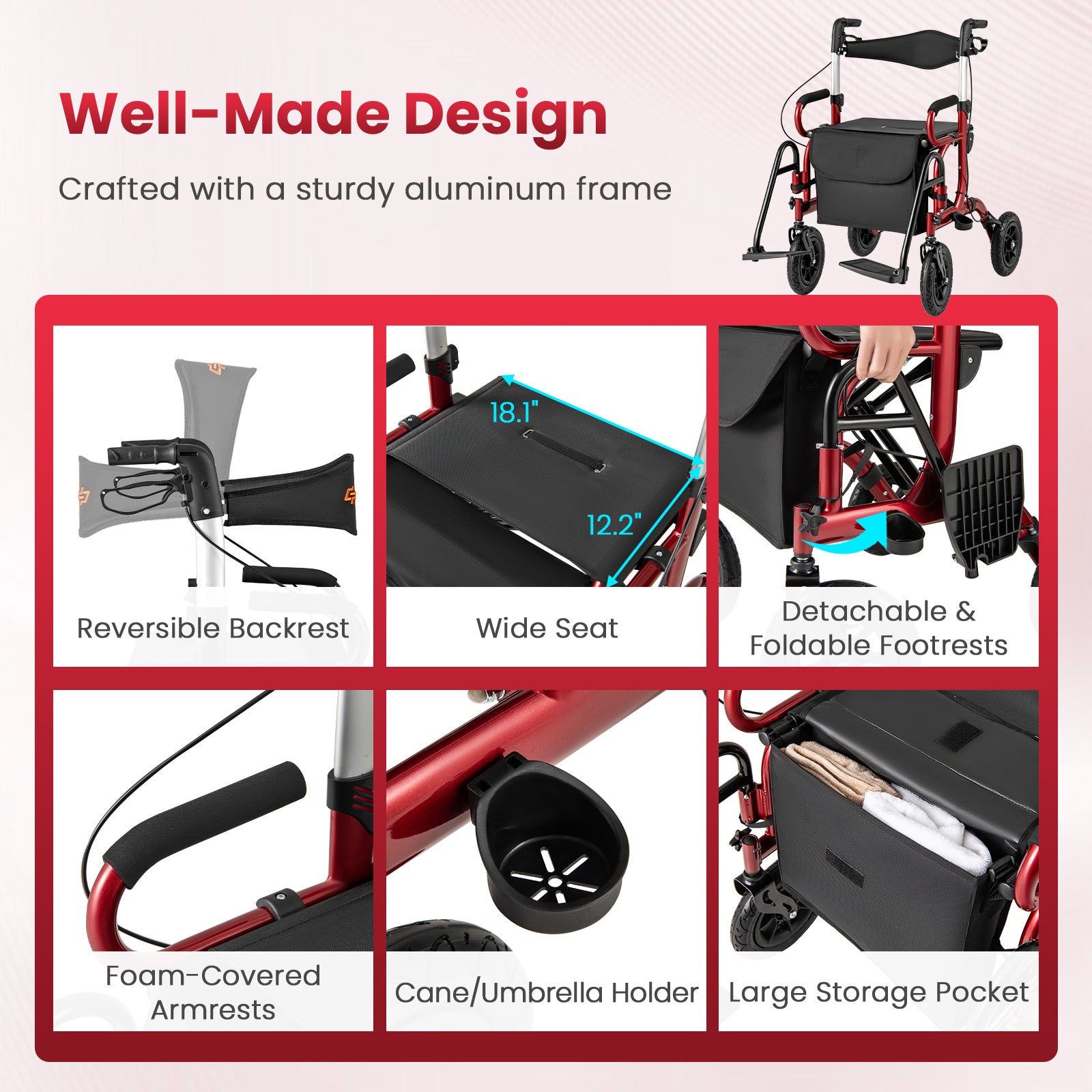 2-in-1 Foldable Rollator Walker, 9 Inch Pneumatic Tires, Red Walkers & Rollators at Gallery Canada
