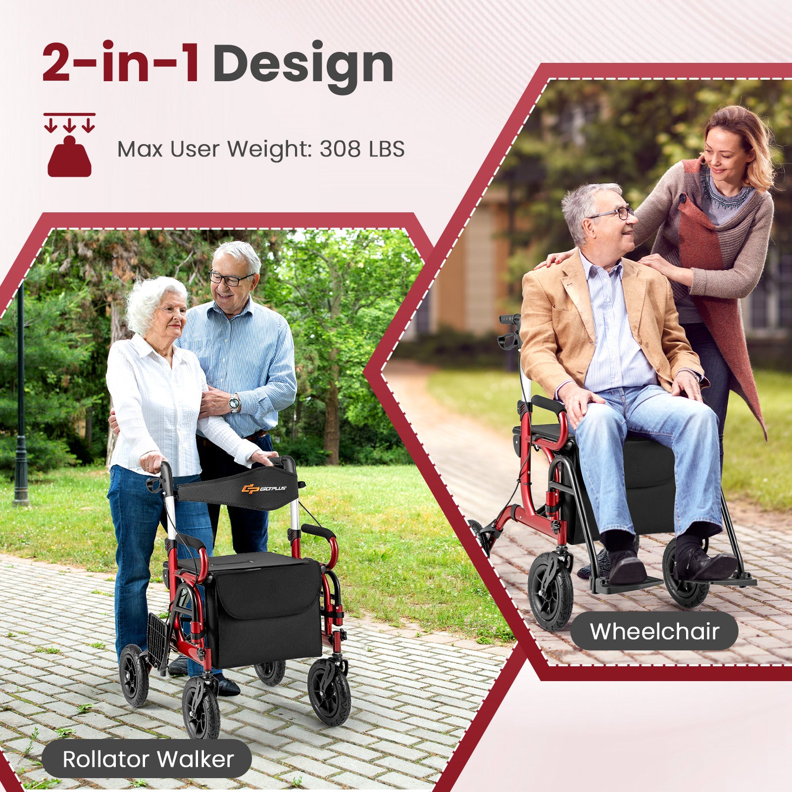 2-in-1 Foldable Rollator Walker, 9 Inch Pneumatic Tires, Red Walkers & Rollators at Gallery Canada