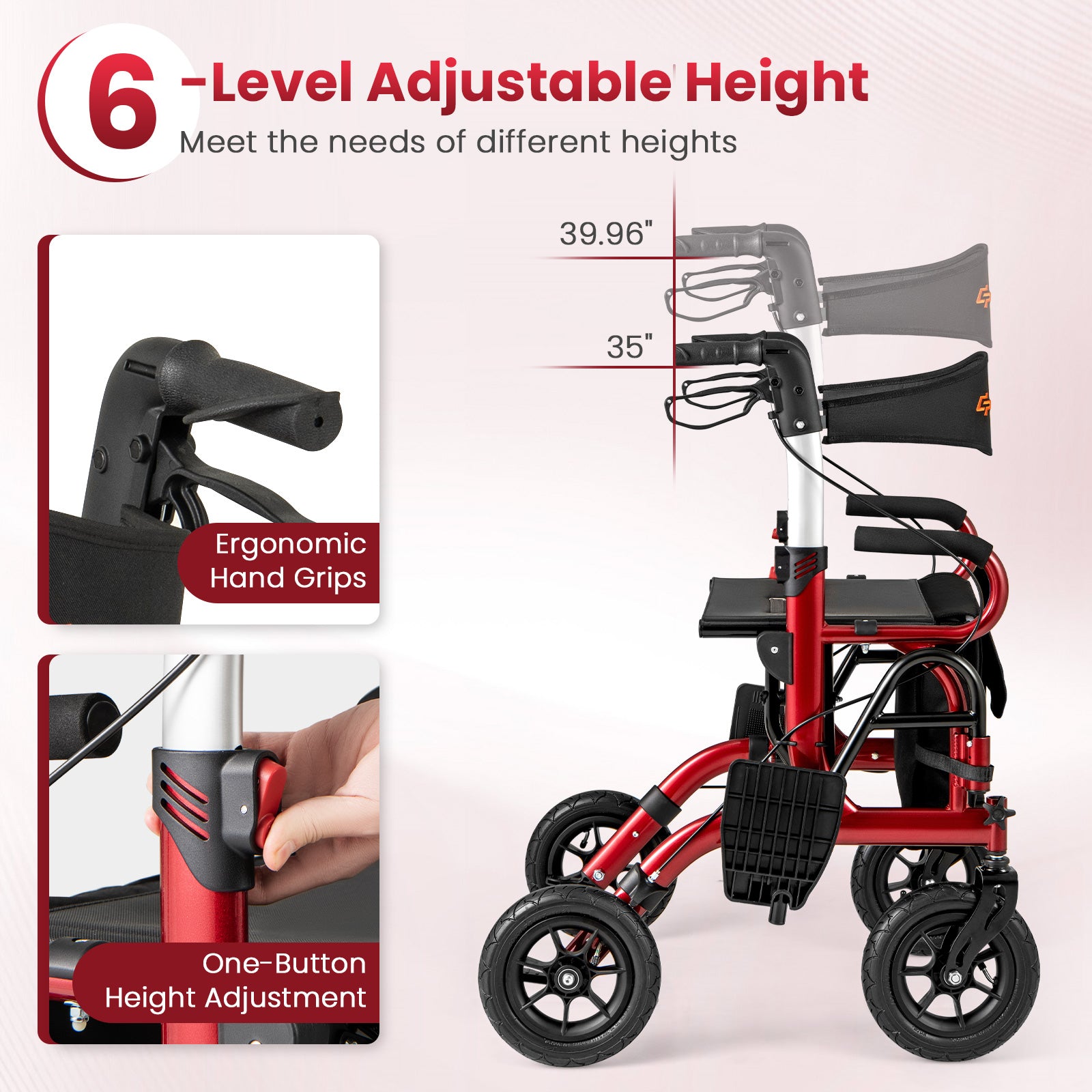 2-in-1 Foldable Rollator Walker, 9 Inch Pneumatic Tires, Red Walkers & Rollators at Gallery Canada