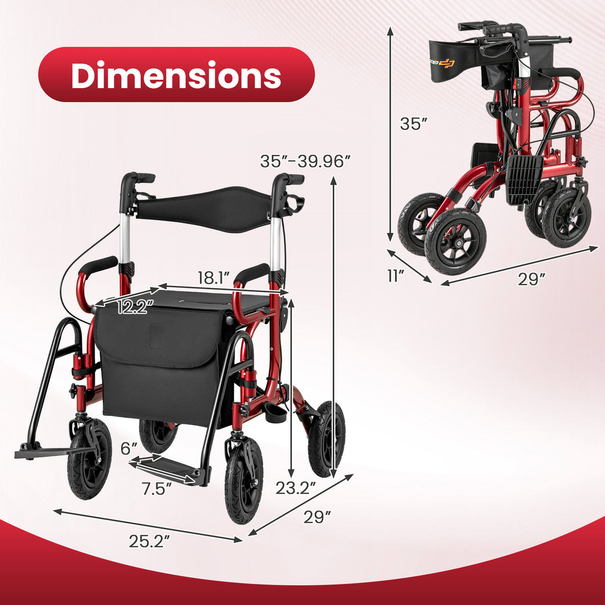 2-in-1 Foldable Rollator Walker, 9 Inch Pneumatic Tires, Red Walkers & Rollators at Gallery Canada