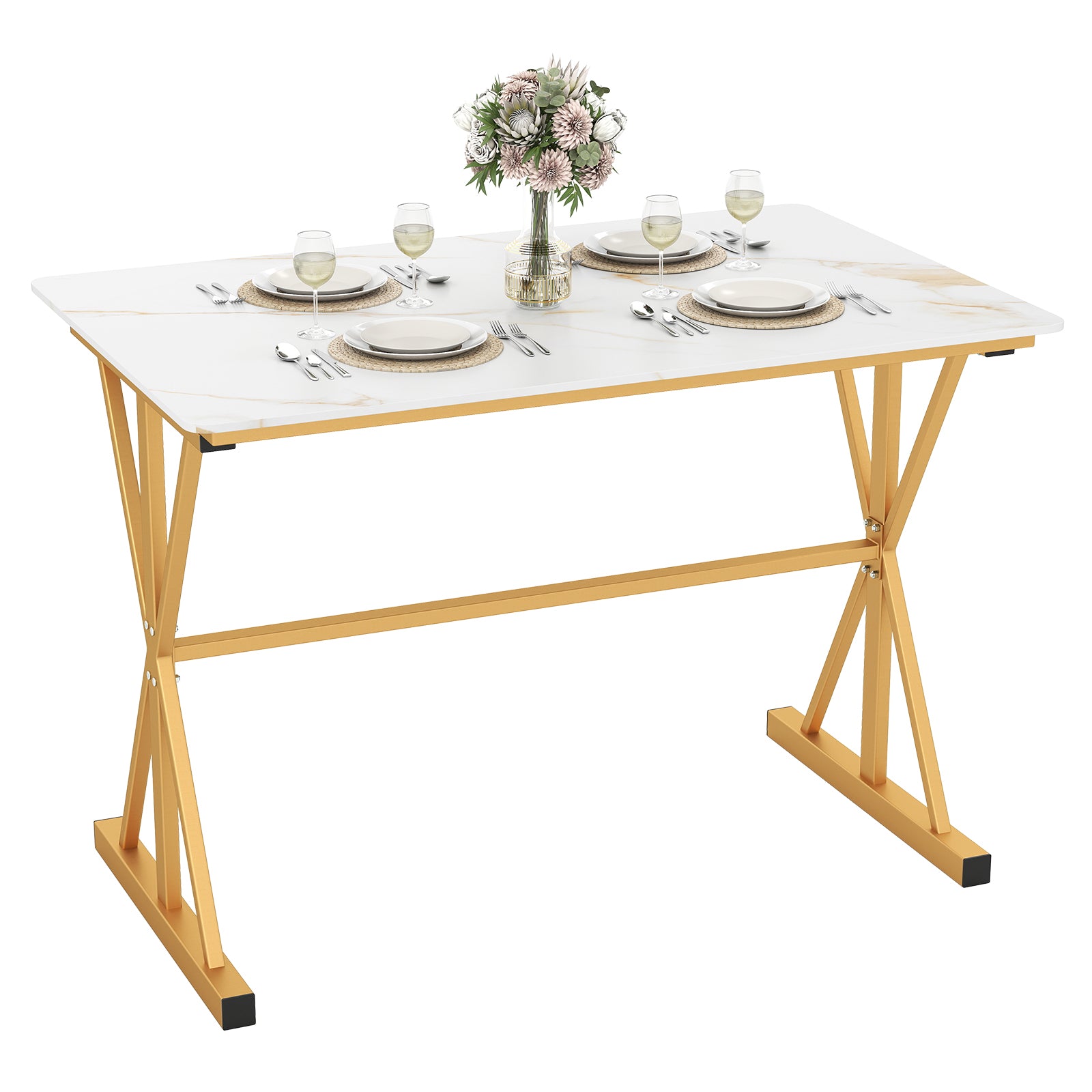 44 Inches Sintered Stone Dining Table, Metal Frame, Faux Marble Tabletop, White Dining Tables at Gallery Canada