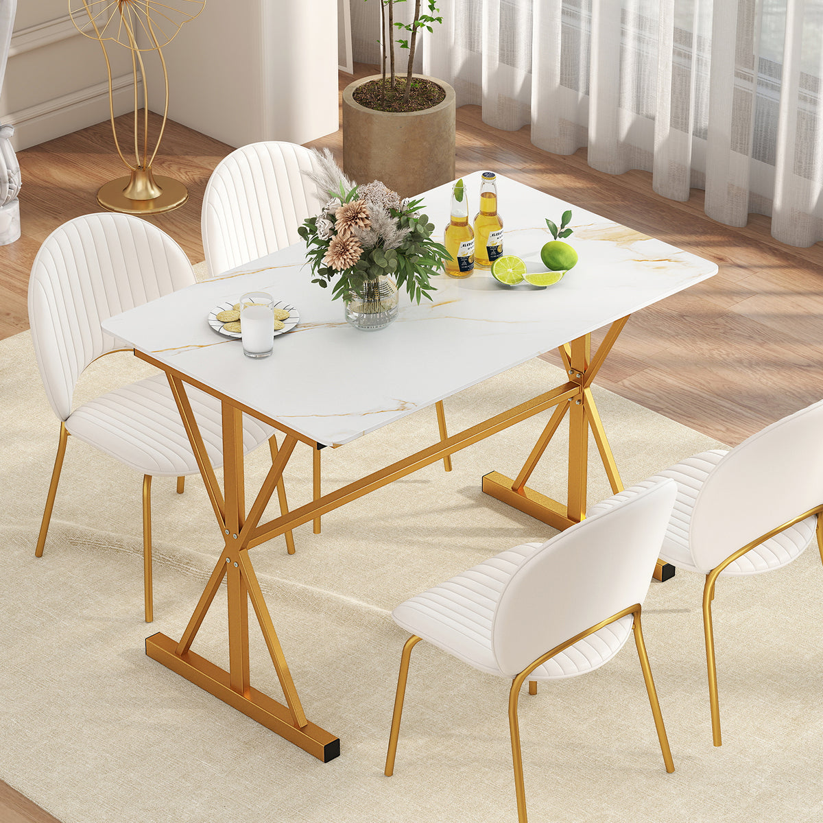 44 Inches Sintered Stone Dining Table, Metal Frame, Faux Marble Tabletop, White Dining Tables at Gallery Canada
